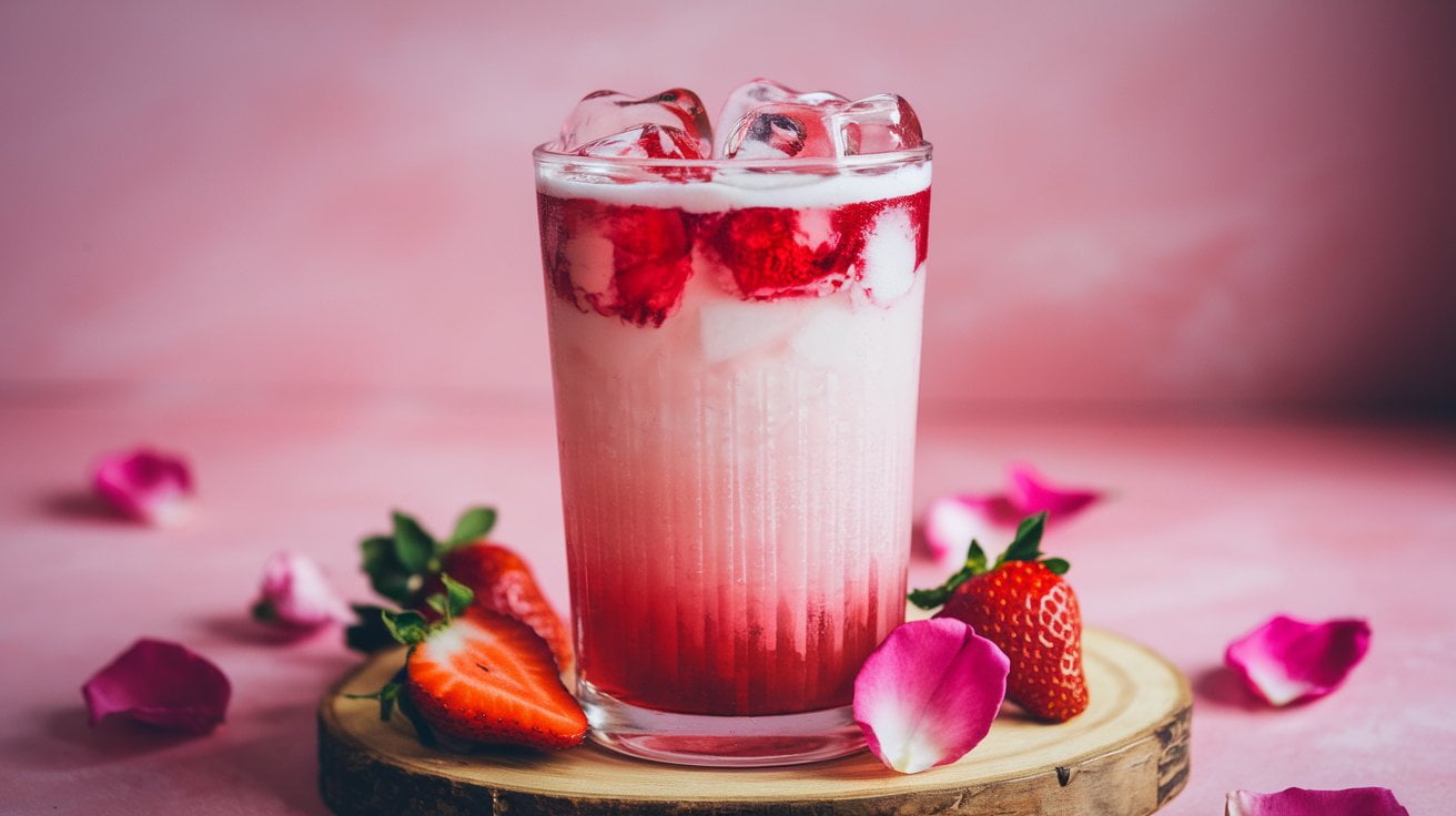 A romantic Valentine’s Day mocktail in a tall glass garnished with fresh strawberries and heart-shaped ice cubes.