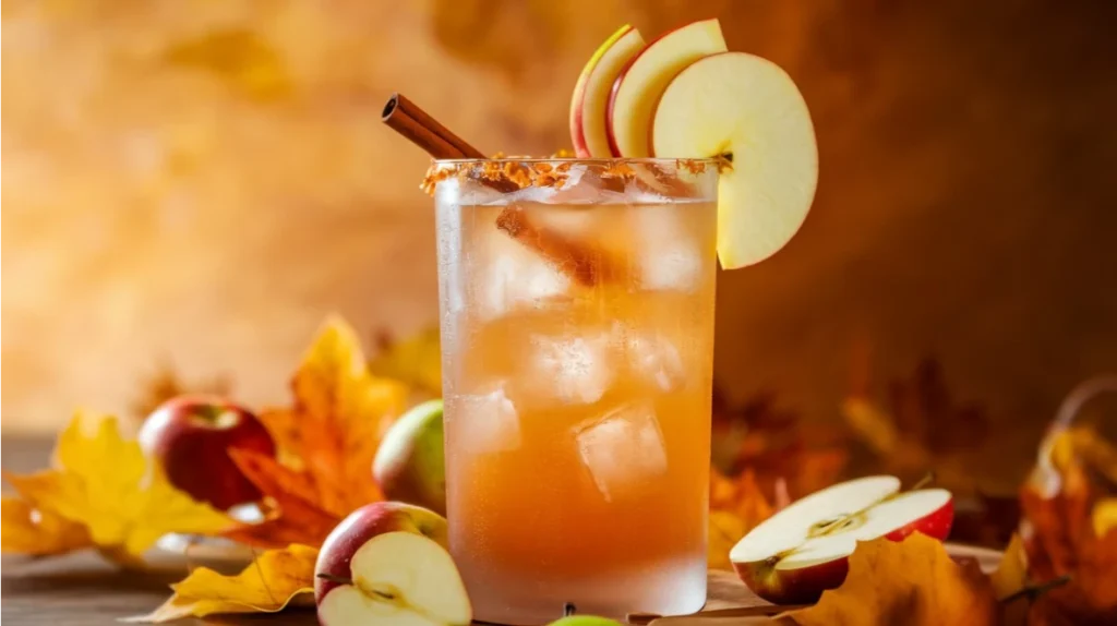 a refreshing Apple Cider Mocktail in a tall, frosted glass