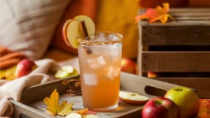 an Apple Cider Mocktail in a tall, frosted glass