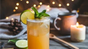 a vibrant ginger beer mocktail garnished with a lime wheel and fresh mint leaves in a tall glass.