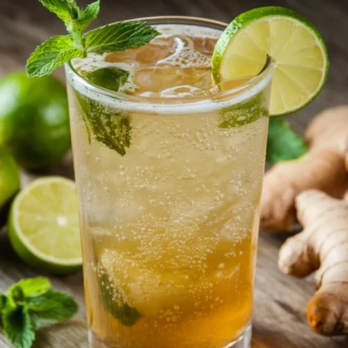 A zesty Ginger Beer Mocktail in a tall glass, garnished with mint and lime, fizzing with refreshing appeal