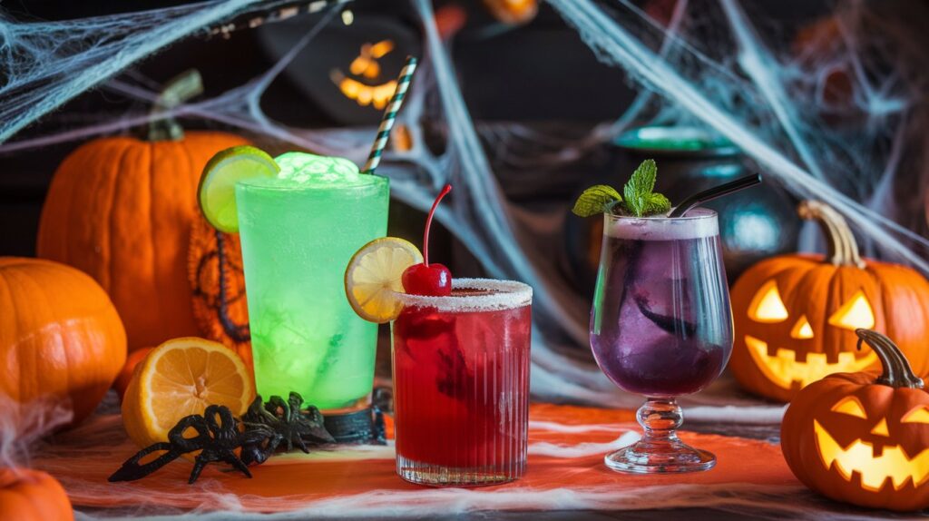 A festive Halloween mocktail bar featuring colorful non-alcoholic drinks and spooky decorations for a haunting good time.