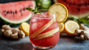 A refreshing Watermelon Ginger Mocktail served in a clear glass with ice cubes, garnished with a lemon wheel and fresh mint.