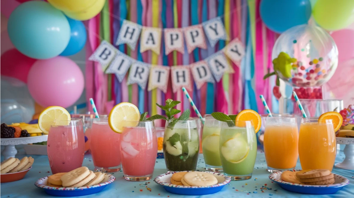 A colorful kid-friendly mocktail with vibrant layers of red, orange, yellow, and blue, topped with fizzy soda and a fun candy garnish.