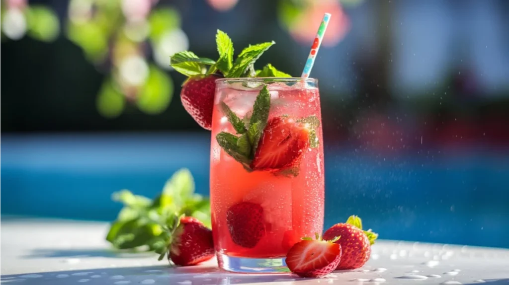 A vibrant strawberry mocktail in a tall glass, garnished with fresh strawberries and mint, set against a summer background.