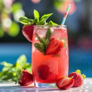 A vibrant strawberry mocktail in a tall glass, garnished with fresh strawberries and mint, set against a summer background.