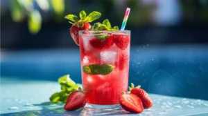 A vibrant strawberry mocktail in a tall glass, garnished with fresh strawberries and mint, set against a summer background.