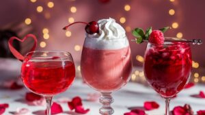 colorful Valentine's Day mocktail with heart-shaped garnishes in elegant glasses, set against a romantic backdrop.