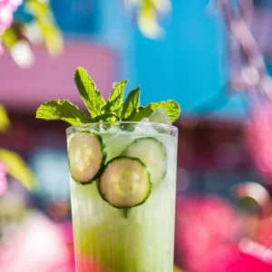 A refreshing cucumber mocktail in a tall glass, garnished with cucumber slices and mint, perfect for spring sipping.