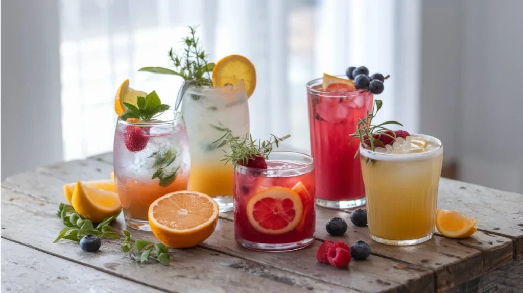 A vibrant array of keto mocktails garnished with fresh herbs and fruits, perfect for a healthy lifestyle