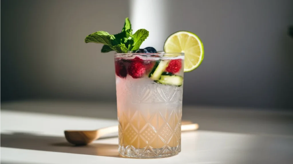 A refreshing keto mocktail in a tall glass, garnished with fresh mint leaves and a slice of lime, with berries and cucumber slices floating inside.