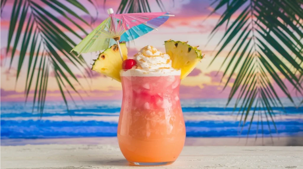 A colorful vegan Tropical Paradise Punch mocktail in a hurricane glass, garnished with pineapple and a cherry, perfect for summer sipping.