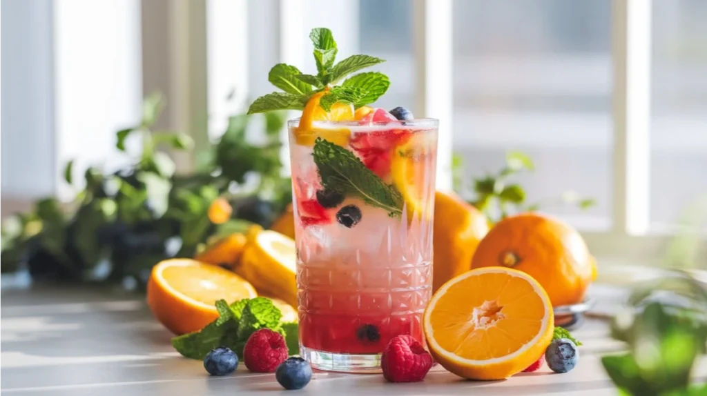 a vibrant vegan mocktail in a tall glass, garnished with fresh mint leaves, slices of citrus fruits, and berries.