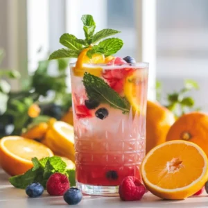 a vibrant vegan mocktail in a tall glass, garnished with fresh mint leaves, slices of citrus fruits, and berries.