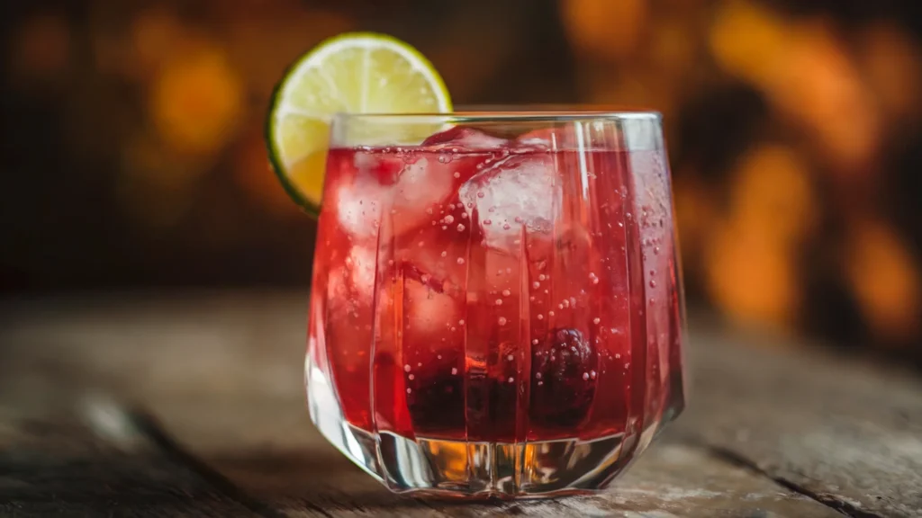 Low-calorie tart cherry mocktail in stemless glass with mint and lime garnish, perfect for autumn