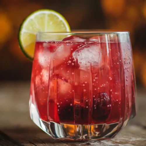 Low-calorie tart cherry mocktail in stemless glass with mint and lime garnish, perfect for autumn