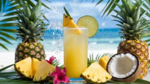 a tall, refreshing pineapple mocktail in a clear glass, garnished with a pineapple wedge and a slice of lime