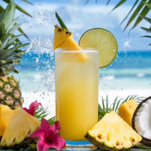 a tall, refreshing pineapple mocktail in a clear glass, garnished with a pineapple wedge and a slice of lime