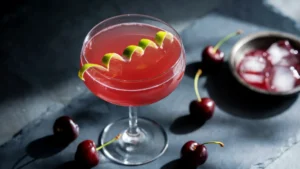 Low-calorie tart cherry mocktails in stemless glass with lime garnish, perfect for autumn