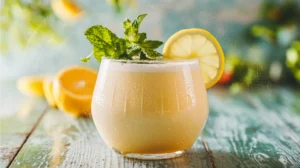 Creamy yellow mocktail in a short glass on a rustic wooden table, garnished with a fresh mint sprig and lemon slice, with subtle bubbles and condensation droplets, set against a bright, summery background with hints of greenery.