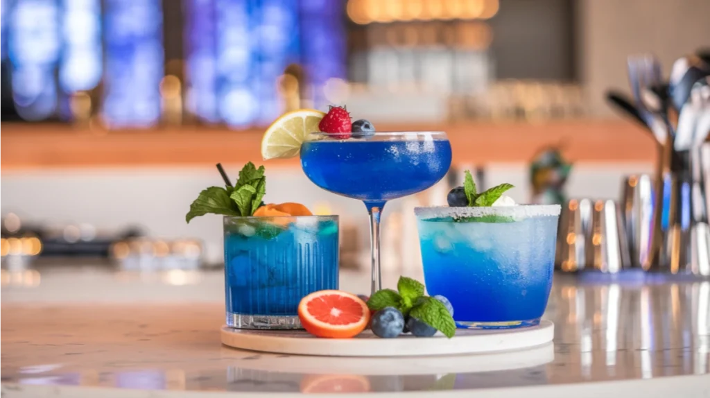 Collection of vibrant blue mocktails garnished with fresh fruits, showcasing various shades of ocean-inspired beverages