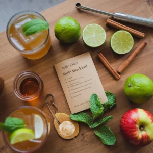 An overhead flat lay of all the ingredients for the apple cider mule mocktail - apple cider, ginger beer, fresh limes, cinnamon sticks, honey or maple syrup