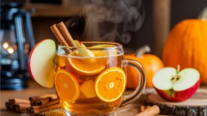 A steaming glass mug of spiced apple cider decorated with cinnamon sticks, orange wheels, and fresh apple slices