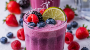 A vibrant purple-red berry smoothie topped with fresh mixed berries, a lime wheel, and effervescent bubbles from sparkling water