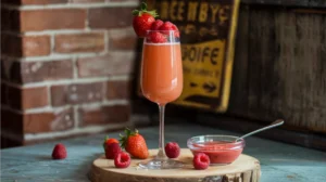 A champagne flute filled with a reddish-orange Berry Bliss Mimosa, topped with fresh strawberries and raspberries. Scattered berries and a small bowl of strawberry puree sit beside the glass.