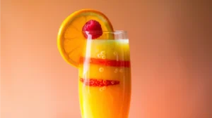 Bright Mock Mimosa mocktail in champagne flute with orange slice and berry garnish