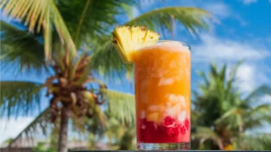 A layered orange-red mocktail combining cranberry and pineapple juices with a hint of ginger, served over crushed ice