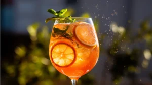 A sunny orange spritzer garnished with citrus wheels and mint, illuminated by golden light with visible carbonation bubbles