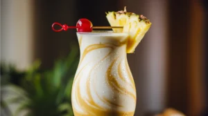 A creamy tropical smoothie in a hurricane glass showing beautiful swirls of white coconut and yellow pineapple, topped with a fresh pineapple wedge and maraschino cherry garnish