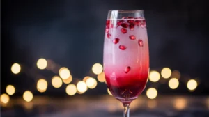 Elegant ruby-red Virgin Pomegranate and Cranberry Bellini mocktail in a champagne flute, garnished with fresh pomegranate seeds