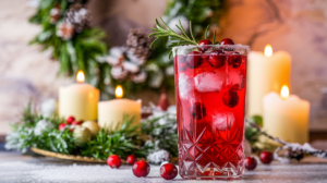 Festive Cranberry Spritzer mocktail with fresh cranberries and rosemary garnish