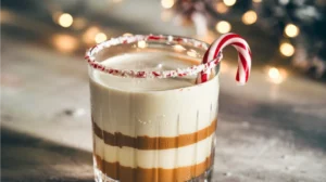 Festive Peppermint White Russian mocktail with candy cane rim and garnish in a rocks glass