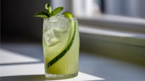 A crystalline green mocktail featuring a delicate spiral of cucumber wrapping through the glass, fresh mint leaves, and ice cubes, with natural condensation on the glass surface