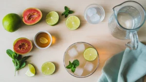 guava mocktail ingredients neatly arranged: fresh guava juice in a glass pitcher, lime slices, honey jar, mint leaves, sparkling water bottle, ice cubes