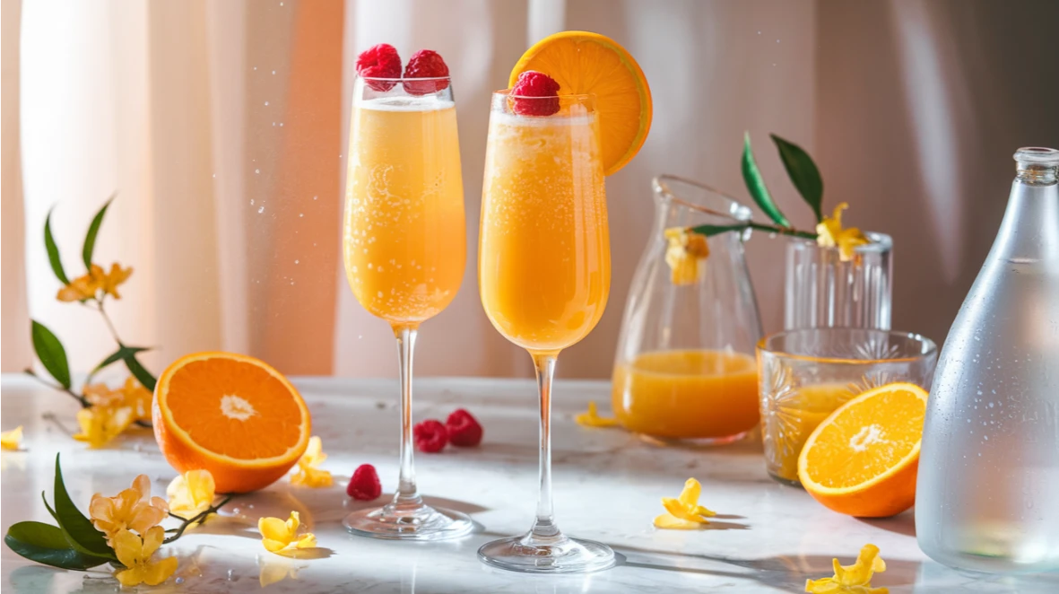 Fresh and elegant mimosa mocktails in champagne flutes with orange garnish and rising bubbles, styled with fresh citrus and flowers