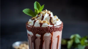 A decadent chocolate milkshake with a chocolate-rimmed glass, crowned with whipped cream, sprinkled with crushed nuts and fresh mint leaves