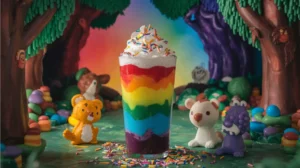 A magical layered rainbow mocktail with six distinct colored layers, topped with fluffy whipped cream and colorful sprinkles