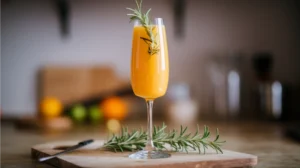 A champagne flute with a Rosemary Citrus Mimosa, garnished with a fresh rosemary sprig. A small cutting board with additional rosemary and orange slices is in the background.