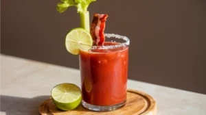 Savory Virgin Bloody Mary mocktail with classic garnishes and celery salt rim