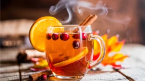 Warming Spiced Cider mocktail with orange slice, cinnamon stick, and cranberry garnish