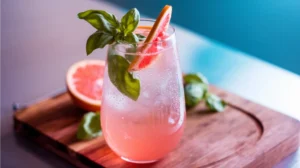 Refreshing Ginger Basil Grapefruit Spritzer mocktail garnished with fresh basil and grapefruit