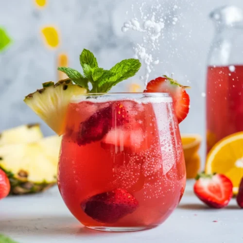 A vibrant fruit punch mocktail served in a clear, festive glass with a garnish of fresh mint leaves.