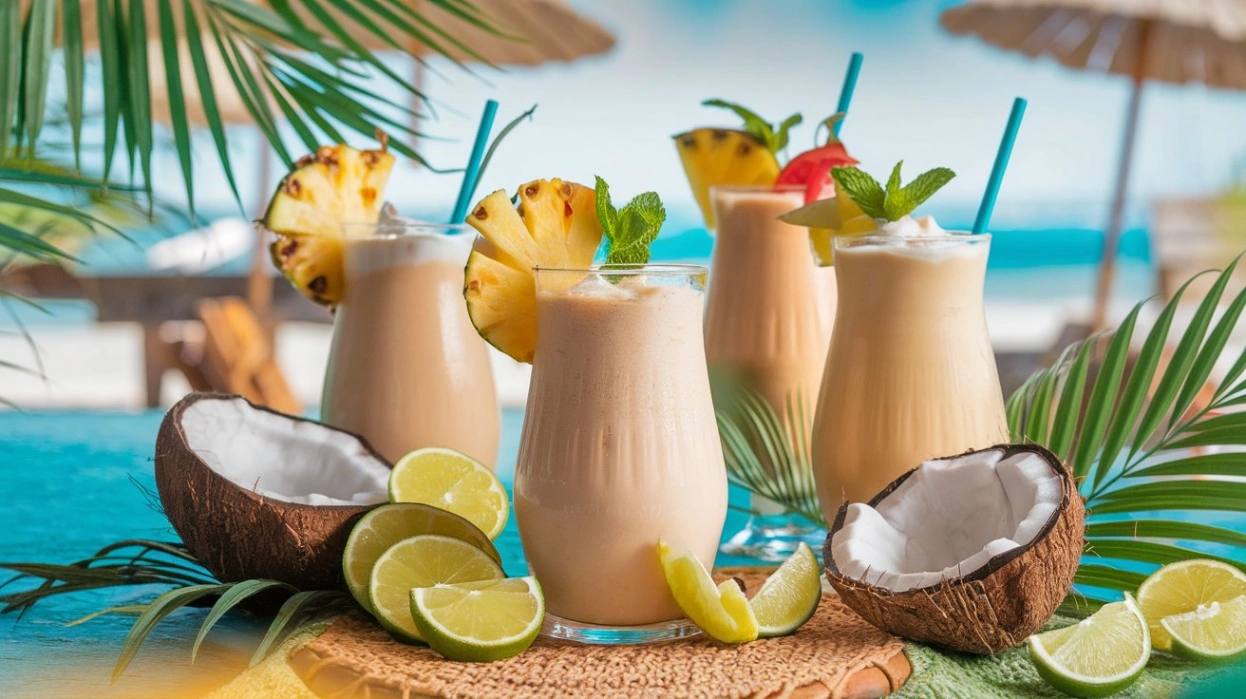 Colorful tropical coconut milk mocktails in hurricane glasses, garnished with pineapple slices, lime wheels, mint leaves, and umbrellas, set against a beach-themed backdrop with soft, warm lighting.