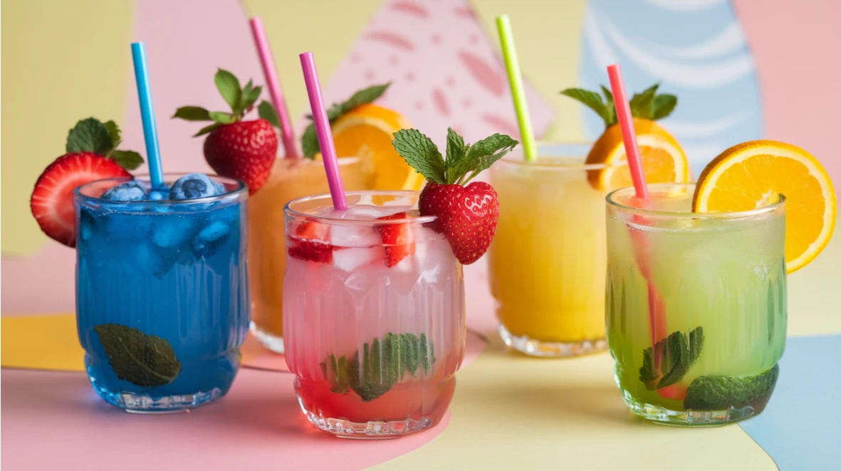 Bright and colorful mocktails for kids in fun glasses, each garnished with fresh fruit like strawberries, oranges, and mint leaves, with vibrant colors like blue, pink, yellow, and green