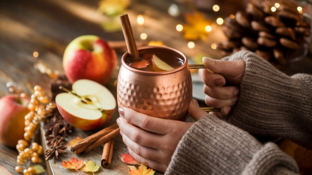 A cozy autumn scene with hands holding a copper mug filled with the apple cider mule mocktail