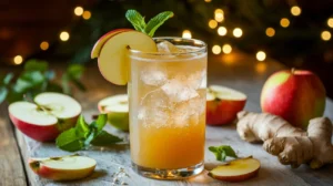 A tall glass of Apple Ginger Sparkler, garnished with an apple slice and mint sprig, sitting on a rustic wooden table with festive accents.